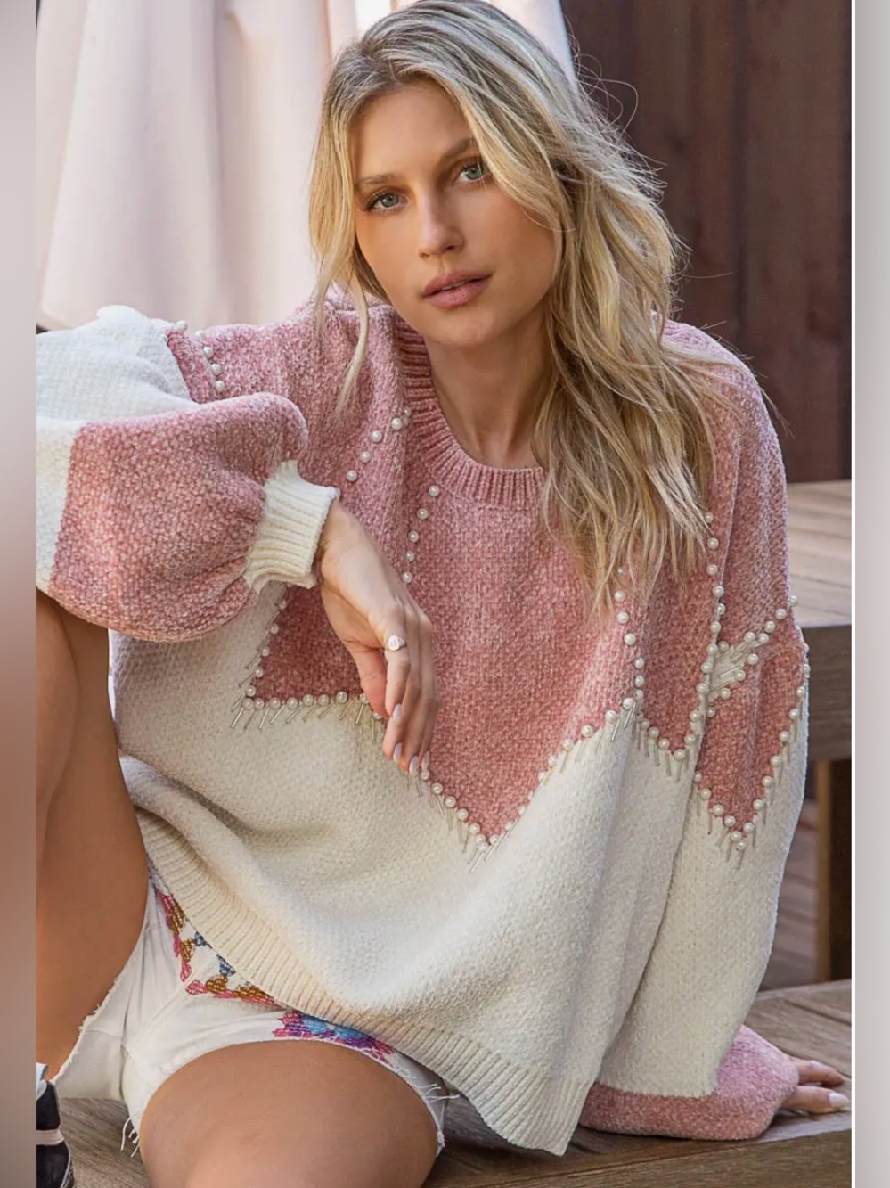 VICI Decked the Pearls Chenille Sweater Pink Ivory Small